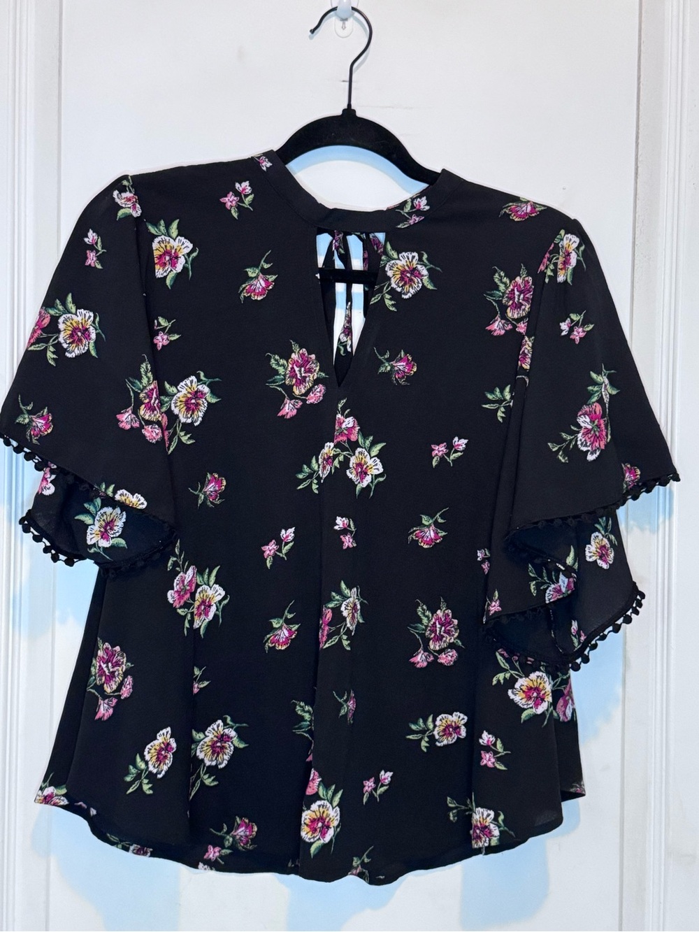 Black Floral Tie-Neck Flutter Sleeve Blouse